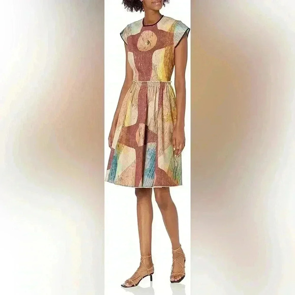 Making The Cut Winning Look Garys Beige Burgundy Paint Print Dress Sz M - Picture 1 of 12